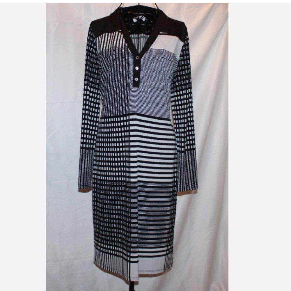 Calvin Klein Black & White Geometric Mixed Print Trapeze Dress Sz L